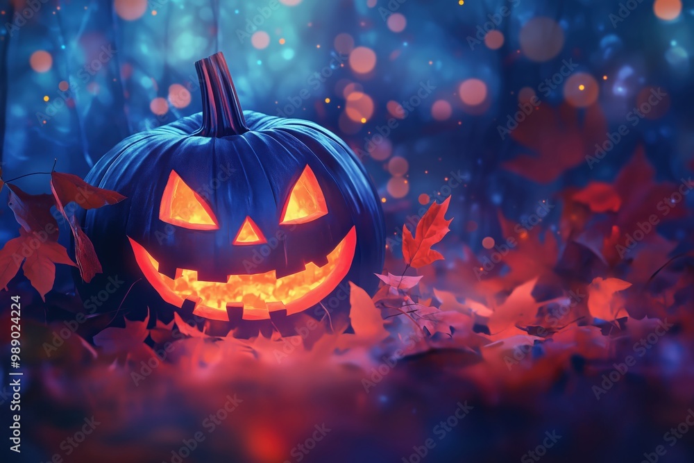 Naklejka premium A glowing jack-o'-lantern illuminates a mysterious autumn night filled with fallen leaves