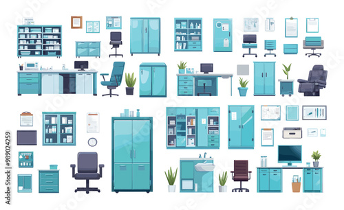 Medical clinic interior elements cartoon vector set. Chair couch table plants pc folders computer banners medicine locker document hospital doctor cabinet stuff, isolated artworks on white background