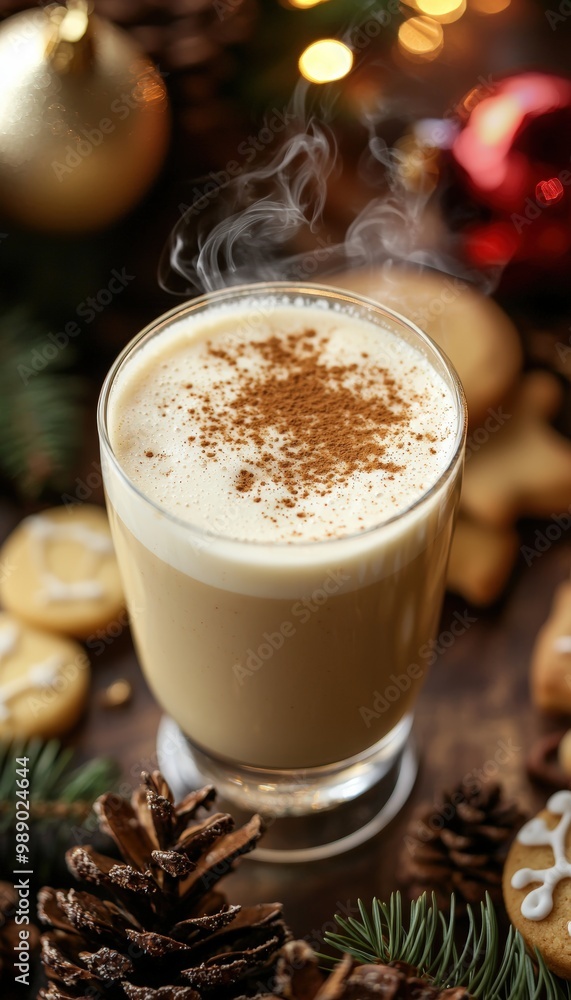 Steaming Cup of Eggnog with Nutmeg and Christmas Cookies on Holiday Themed Table Steaming Cup of Eggnog with Nutmeg and Christmas Cookies on Holiday Themed Table