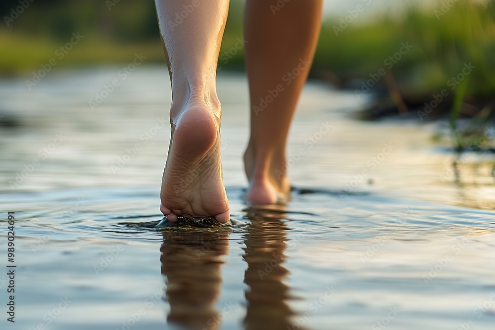 Barefoot person walking in water at sunset Barefoot person walking in water at sunset