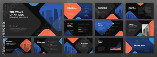 Creative Powerpoint presentation template set. Modern Keynote presentation background, brochure cover design, brand guidelines, proposal presentation, annual report, company profile, pitch deck.