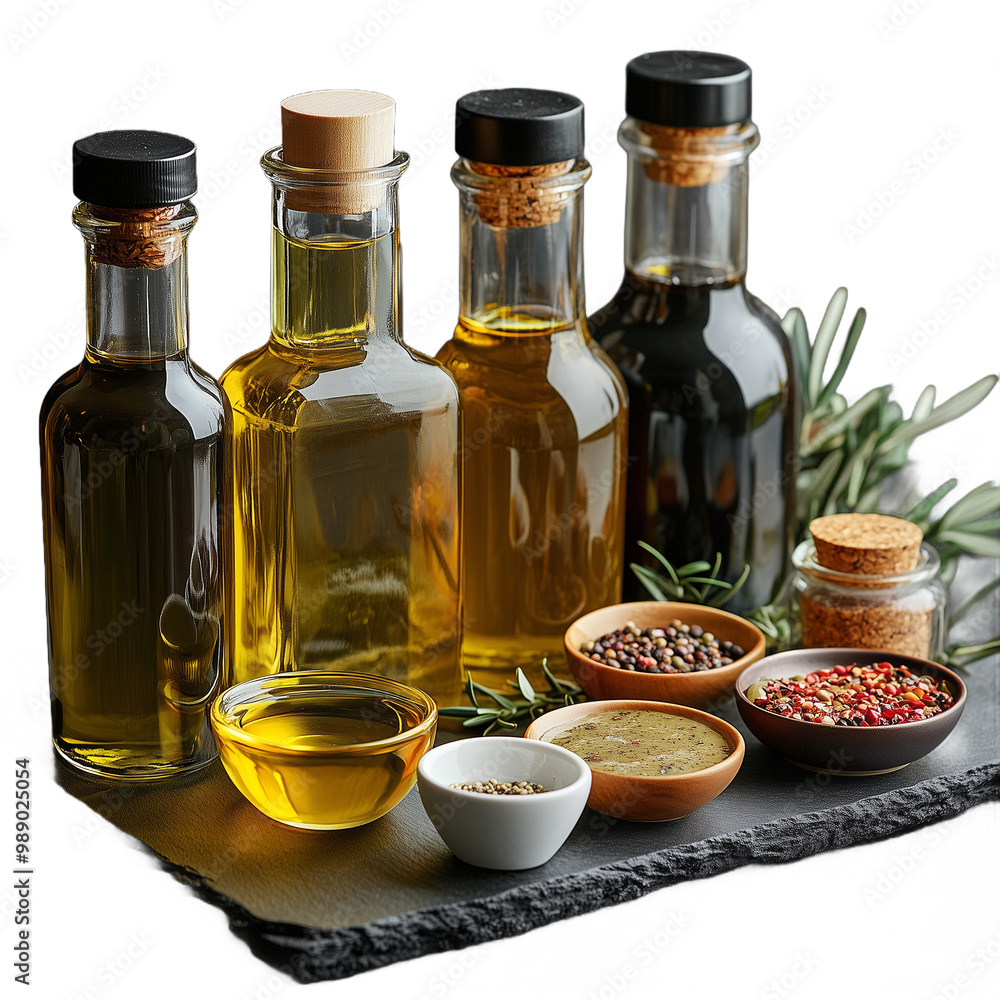 Set of glass olive oil bottles with herbs and spices on a tray on transparent background Set of glass olive oil bottles with herbs and spices on a tray on transparent background