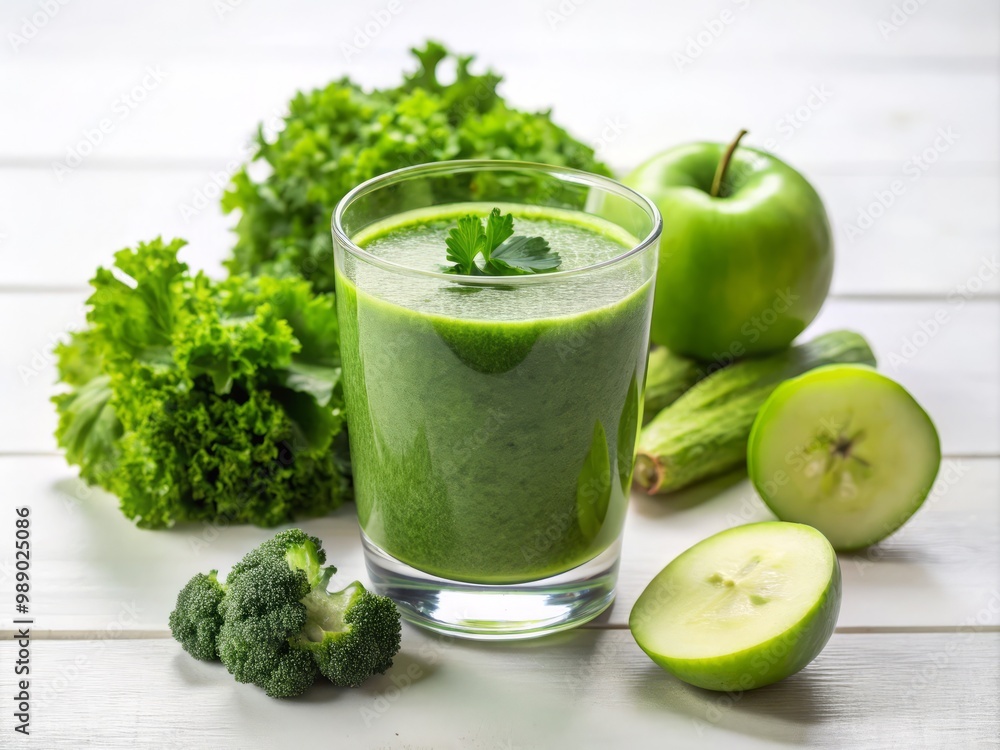 Healthy green blend of kale, apple, and cucumber takes center stage in clear glass, beautifully arranged on pristine white background, warm gentle light, uplifting and rejuvenating ambiance. Healthy green blend of kale, apple, and cucumber takes center stage in clear glass, beautifully arranged on pristine white background, warm gentle light, uplifting and rejuvenating ambiance.