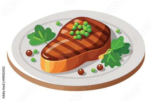 Grilled Steak with Parsley and Peas on Plate, illustration on white background.