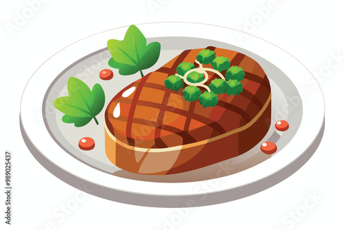 Grilled Steak with Parsley and Peas on Plate, illustration on white background.