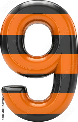 Glossy 3D Number 9 with Orange and Black Stripes