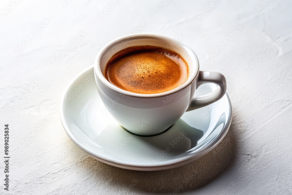 Espresso in a modern cup is positioned diagonally on a clean white surface, its rich aroma wafting up, as a delicate layer of crema and a pinch of cocoa powder add texture and depth Espresso in a modern cup is positioned diagonally on a clean white surface, its rich aroma wafting up, as a delicate layer of crema and a pinch of cocoa powder add texture and depth
