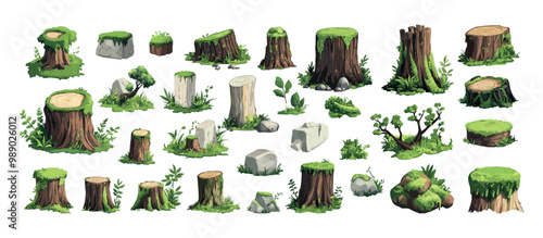 Moss log stumps cartoon vector set. Creeping lichens tree timber wooden trunks boulders stone rocks, jungle overgrown wet forest tropical natural woodland bush ivy dense plants illustrations