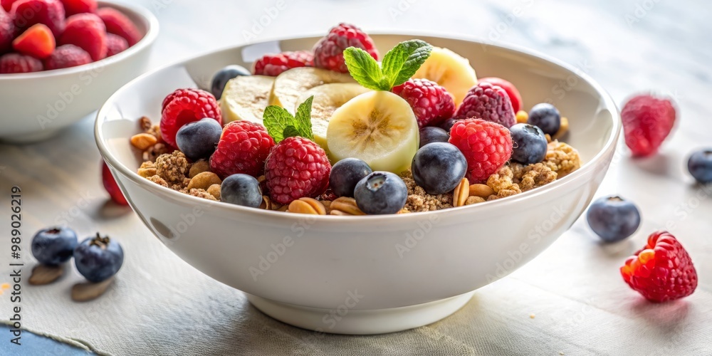 Fresh mixed berries and sliced banana sit atop a bed of crunchy granola in a deep bowl, surrounded by elegant curves, against a pure white backdrop, warm natural light highlighting textures. Fresh mixed berries and sliced banana sit atop a bed of crunchy granola in a deep bowl, surrounded by elegant curves, against a pure white backdrop, warm natural light highlighting textures.