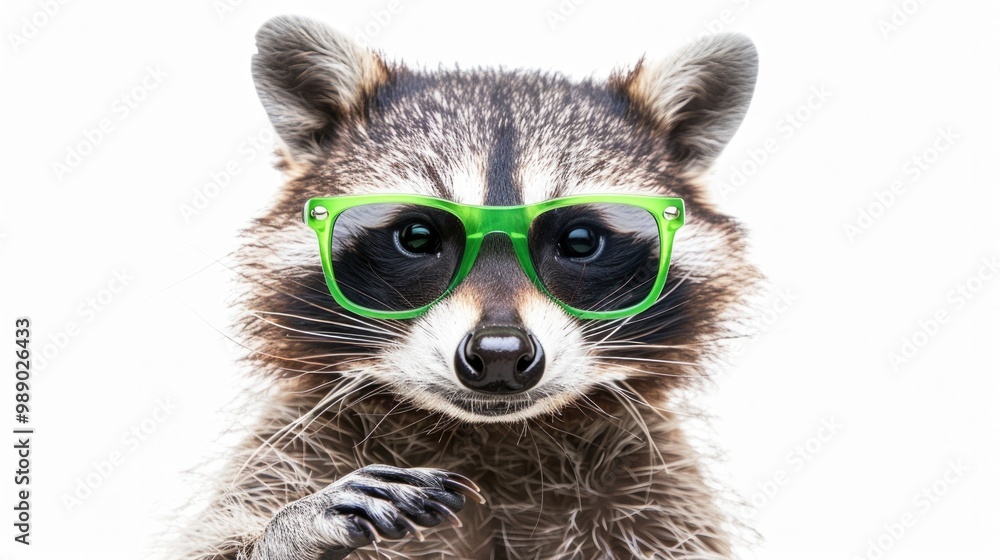 Fototapeta premium Animal On White Background. Funny Raccoon with Green Sunglasses Making a Rock Gesture
