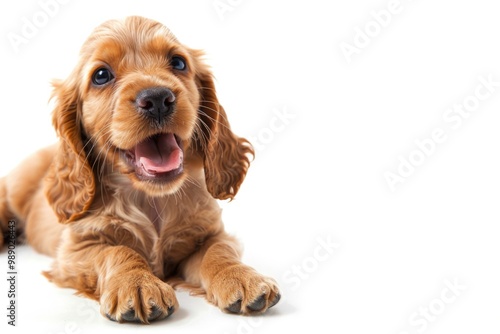 Animal White Background. Adorable English Cocker Spaniel Young Dog Poses. Beautiful Playful White-Brown Dog on Isolated White Background