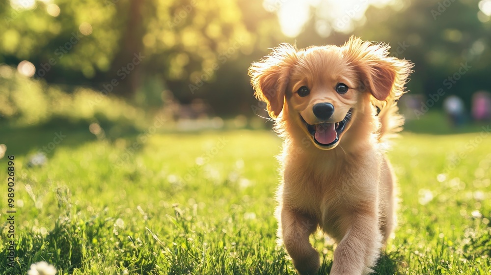 A fluffy puppy wagging its tail in a park, with space for copy in the bright open grass A fluffy puppy wagging its tail in a park, with space for copy in the bright open grass