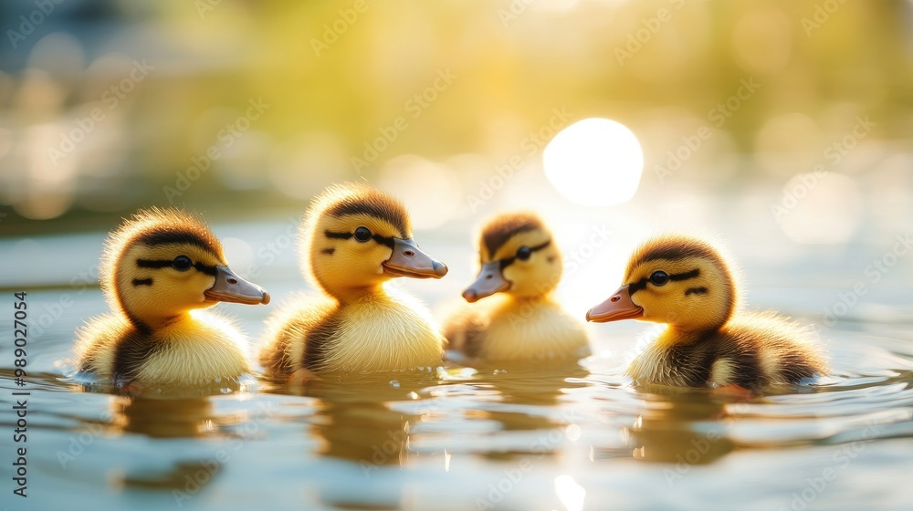 A group of baby ducklings in a pond, space for text in the calm water reflections and sky above A group of baby ducklings in a pond, space for text in the calm water reflections and sky above