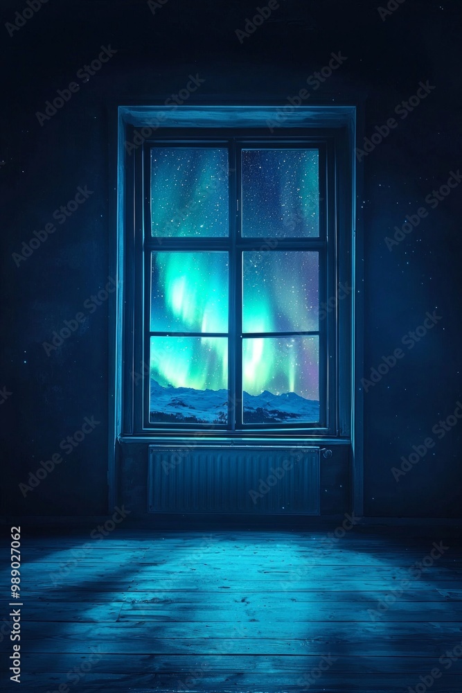 An empty room with a window showing a glowing aurora in the night sky An empty room with a window showing a glowing aurora in the night sky