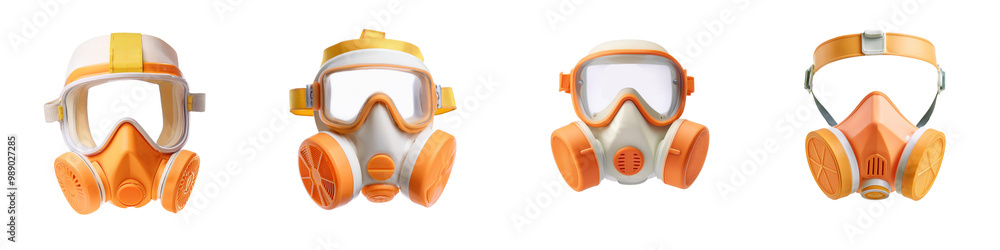 Four variations of orange gas masks on an transparent isolated background. Four variations of orange gas masks on an transparent isolated background.