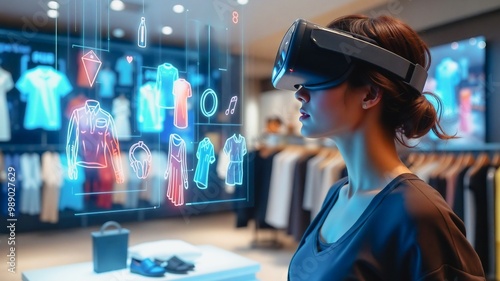Virtual Fashion Try-On Experience in Retail Store, A woman immersed in a virtual reality shopping experience within a bustling clothing store. She wears a VR headset.