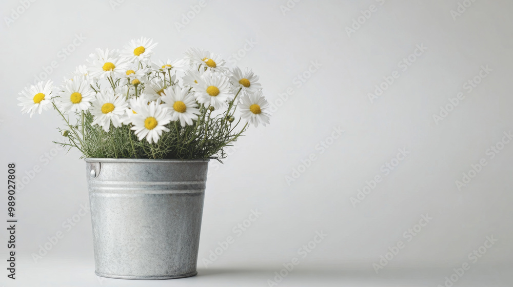Chamomile Flowers in Steel Bucket Against White Background Chamomile Flowers in Steel Bucket Against White Background
