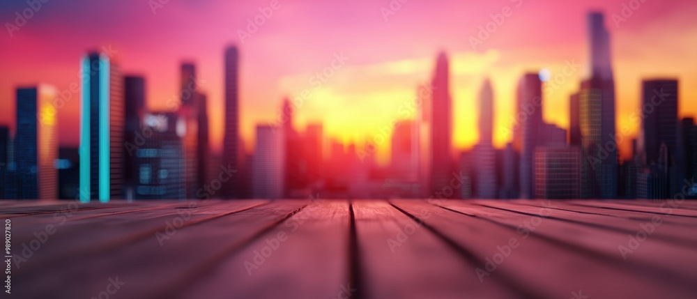 Fototapeta premium Vibrant Sunset Over Urban Skyline with Wooden Deck