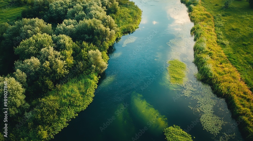 Tranquil river reflecting clouds and greenery under a bright blue sky on a sunny day in a serene rural landscape Tranquil river reflecting clouds and greenery under a bright blue sky on a sunny day in a serene rural landscape