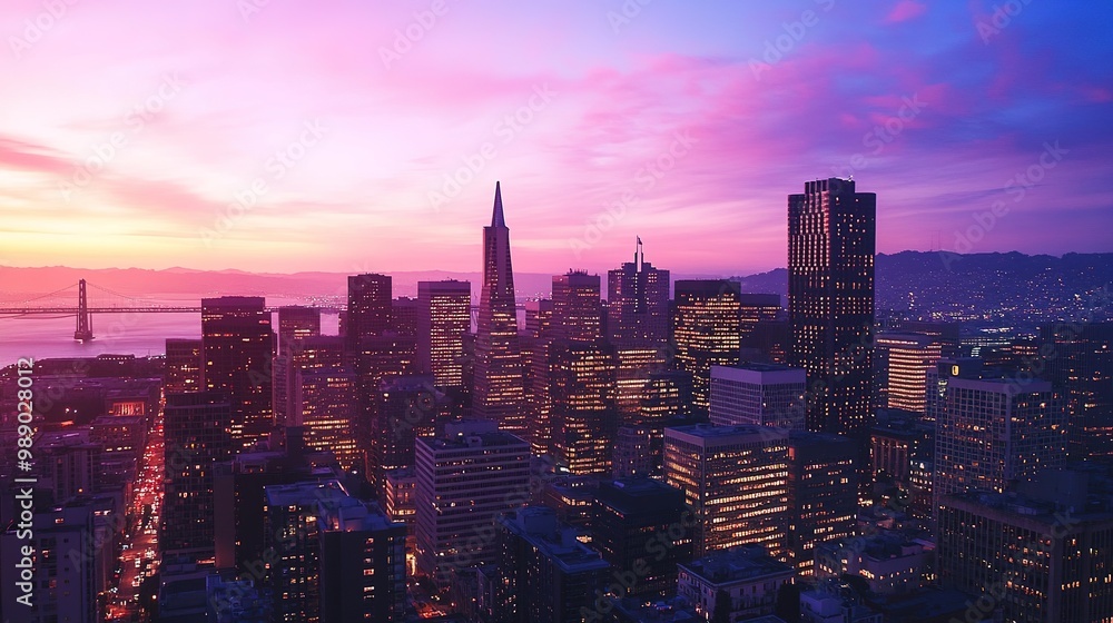 Obraz premium Sunset skyline of city with illuminated buildings