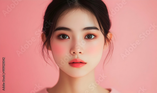 Catchy beauty portrait of a young Asian woman shot against a pink background