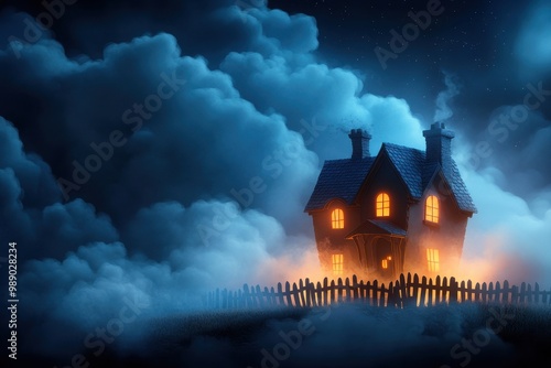 Spooky Cartoon House in Mysterious Fog