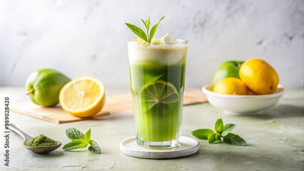 Freshly brewed iced matcha lemonade with a layer of green tea and lemon in a clear glass sits on a white background, bathed in soft natural light, evoking a feeling of serenity. Freshly brewed iced matcha lemonade with a layer of green tea and lemon in a clear glass sits on a white background, bathed in soft natural light, evoking a feeling of serenity.