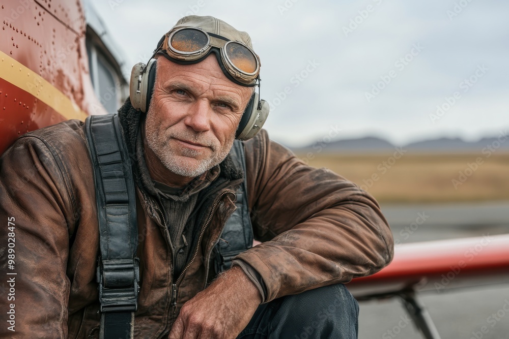 A seasoned pilot in a brown leather jacket and aviator hat leans against a vintage airplane, representing adventure and nostalgia for the golden age of aviation. A seasoned pilot in a brown leather jacket and aviator hat leans against a vintage airplane, representing adventure and nostalgia for the golden age of aviation.