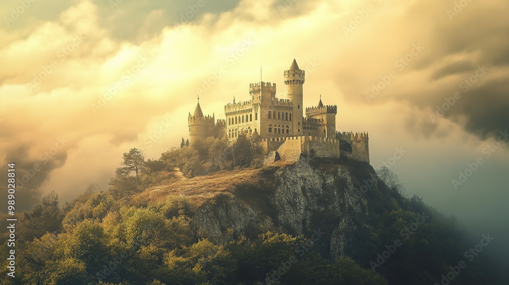 Obraz premium Majestic castle perched on a cliff under a dramatic sky in the mountains during late afternoon light