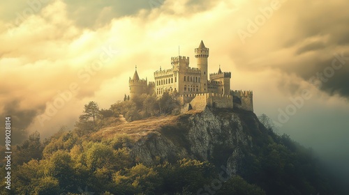 Majestic castle perched on a cliff under a dramatic sky in the mountains during late afternoon light