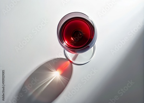 Perspective from directly above subject, wine glass centered, slight shadow underneath, on a pure white background, clean and minimalist.