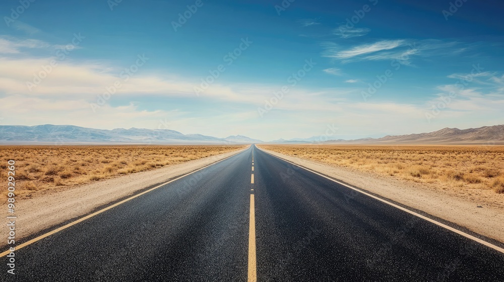 A straight empty highway cutting through a desert landscape, room for text on the left side of the frame A straight empty highway cutting through a desert landscape, room for text on the left side of the frame