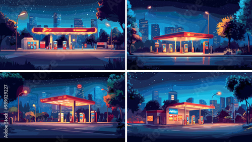Night city petrol station cartoon concepts. Glowing mini market gas terminal, lights trees buildings midnight street road moonlight cityscape, empty fuel refueling depot vector illustrations