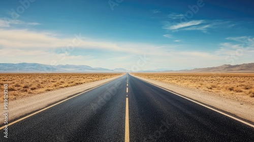 A straight empty highway cutting through a desert landscape, room for text on the left side of the frame