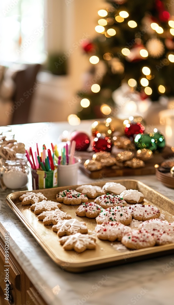 Naklejka premium Festive Christmas Cookie Baking Scene with Decorated Cookies and Candy Cane Supplies in a Holiday Kitchen