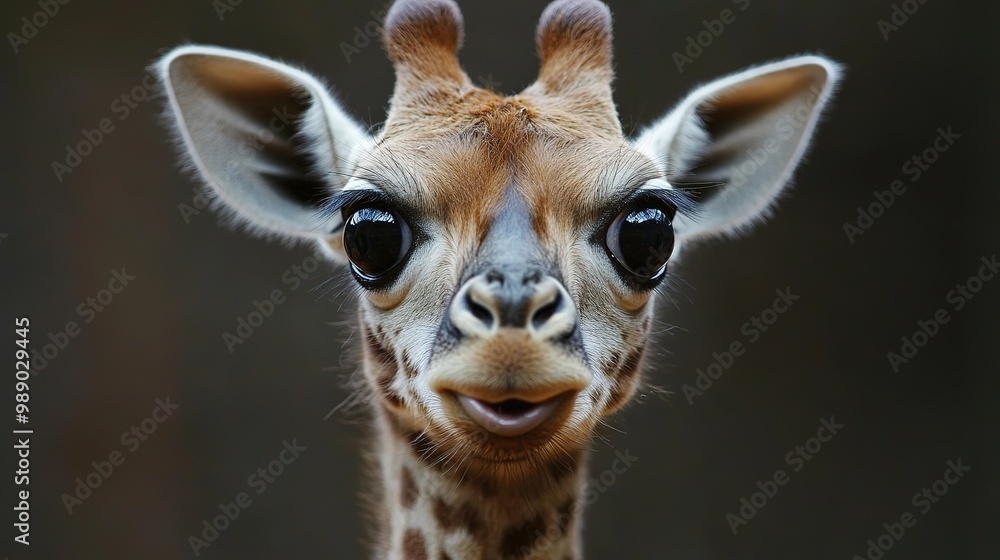Fototapeta premium A young giraffe curiously gazes at the camera in a natural habitat setting during daylight
