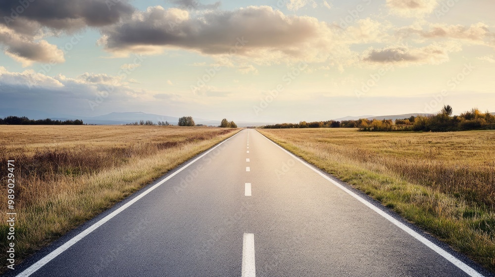 A straight empty road disappearing into the horizon, surrounded by open fields, plenty of room for copy A straight empty road disappearing into the horizon, surrounded by open fields, plenty of room for copy