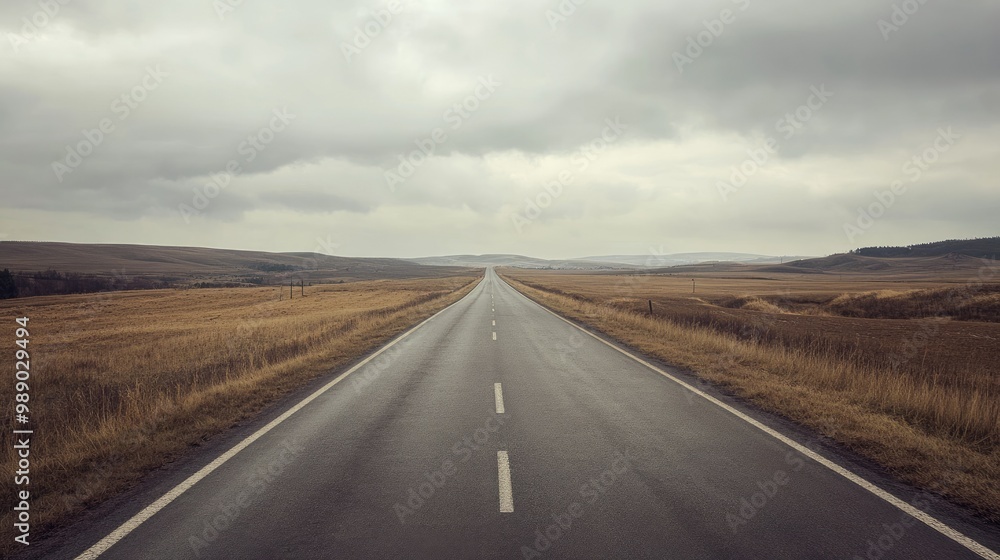 A straight empty road disappearing into the horizon, surrounded by open fields, plenty of room for copy A straight empty road disappearing into the horizon, surrounded by open fields, plenty of room for copy