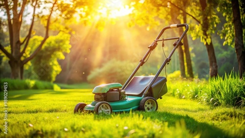 Electric grass mower cutting green lawn on a sunny day