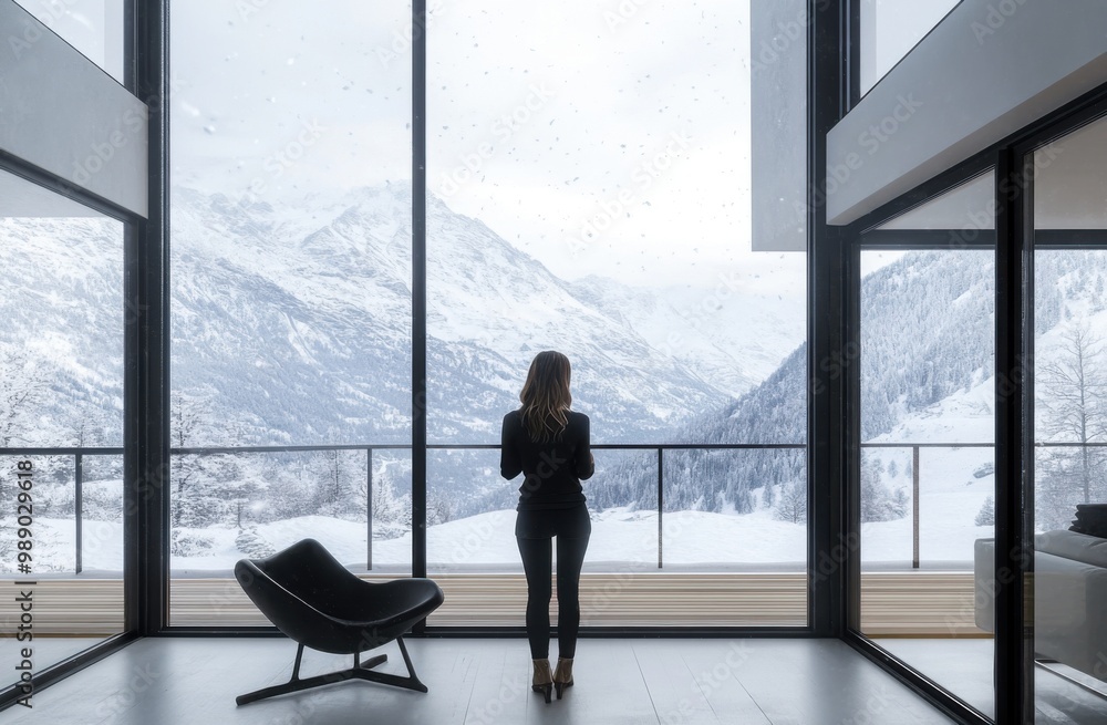 Fototapeta premium A woman standing in the living room of an ultra-modern house with floor-to-ceiling windows overlooking snow-covered mountains, a winter landscape, a feeling of luxury and minimalism, black furniture