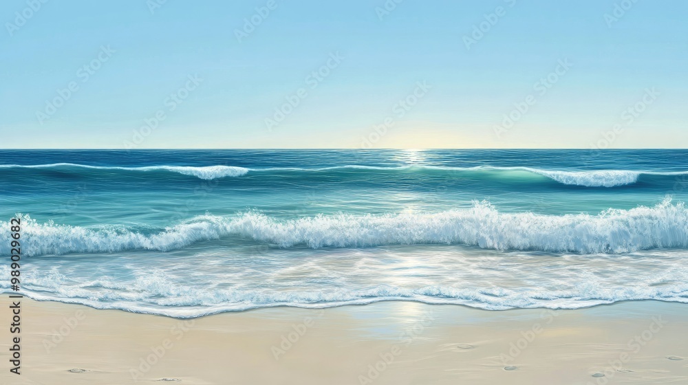 A serene beach scene with soft ocean waves gently lapping against the shore, all set against a calming blue background. A serene beach scene with soft ocean waves gently lapping against the shore, all set against a calming blue background.