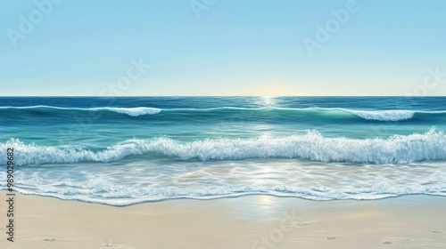 A serene beach scene with soft ocean waves gently lapping against the shore, all set against a calming blue background.