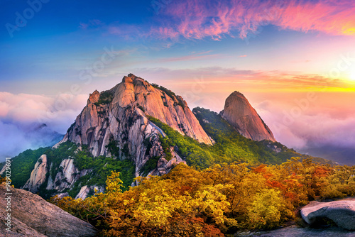 Bukhansan mountains at sunrise, Autumn in Seoul, South Korea. photo