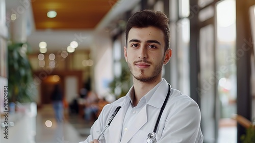 Doctor in uniform standing confidently in a hospital lobby, embodying professionalism and the welcoming presence of healthcare staff