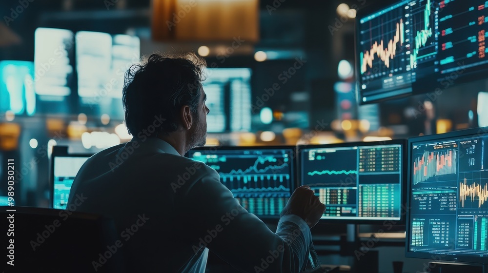 Financial Trader Analyzing Data in High-Energy Environment Financial Trader Analyzing Data in High-Energy Environment