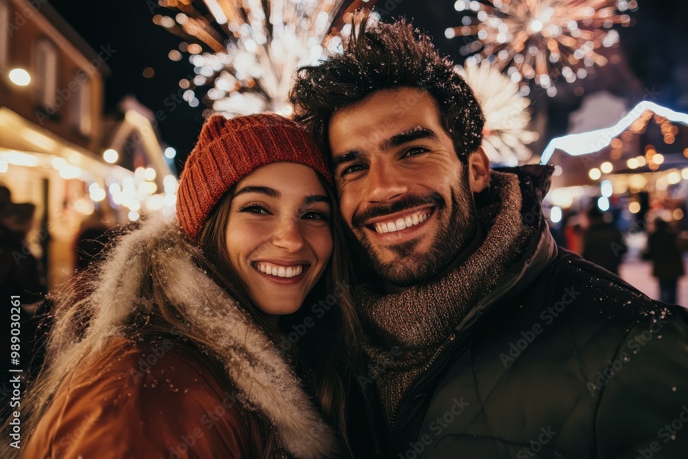 A joyful couple bundled in winter clothes poses excitedly amidst an impressive fireworks display, celebrating 'Happy New Year 2025' with a vibrant urban backdrop. A joyful couple bundled in winter clothes poses excitedly amidst an impressive fireworks display, celebrating 'Happy New Year 2025' with a vibrant urban backdrop.