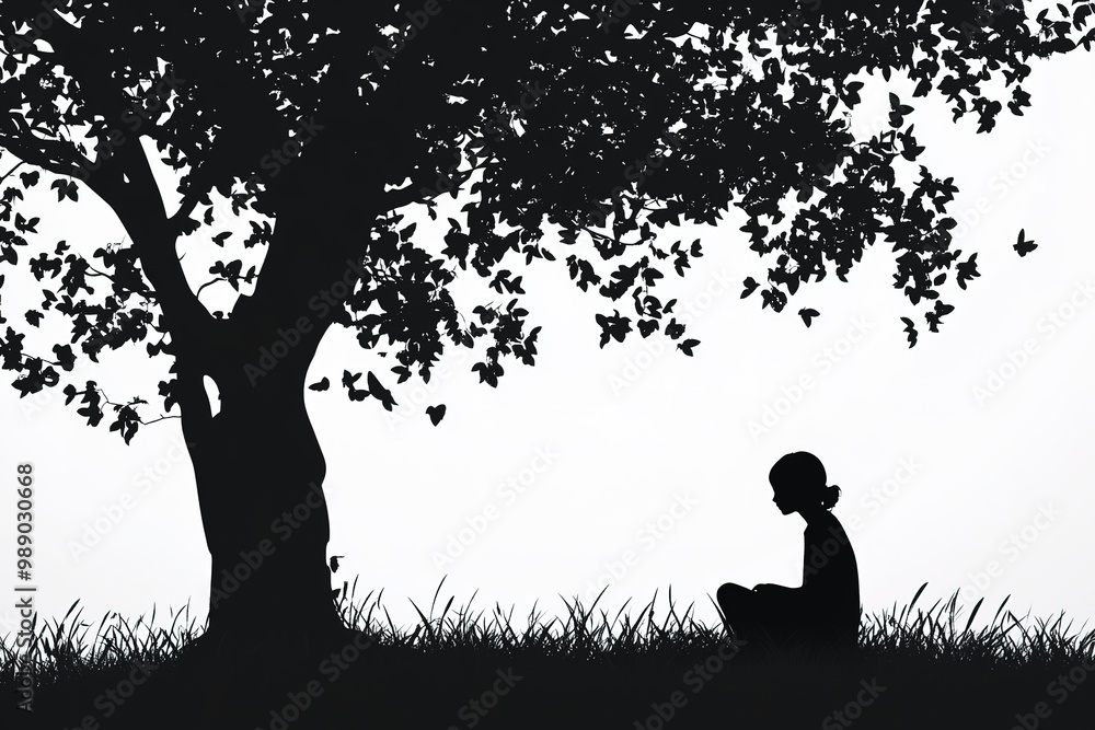 Silhouette of person sitting under tree in contemplation Silhouette of person sitting under tree in contemplation
