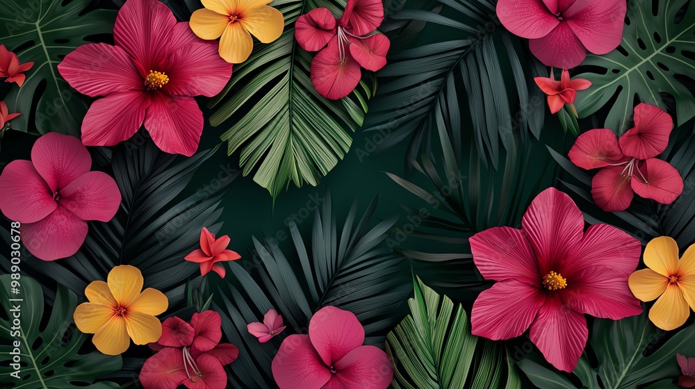 Tropical paradise, mix of exotic flowers, 3D illustration Tropical paradise, mix of exotic flowers, 3D illustration