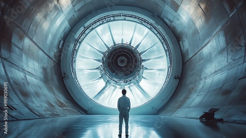 Fototapeta Naklejka Na Ścianę i Meble -  A spacecraft maintenance engineer inside a sleek, futuristic workshop, adjusting the intricate parts of an engine under bright, focused lights