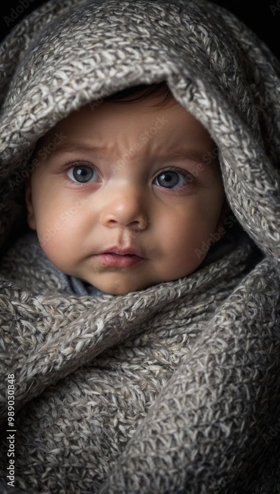 A baby is wrapped in a blanket and has a blue eye A baby is wrapped in a blanket and has a blue eye